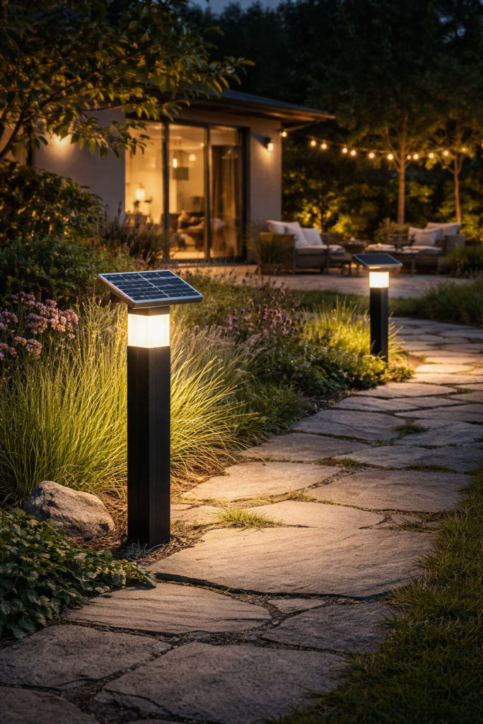 solar lights illuminating a serene pathway